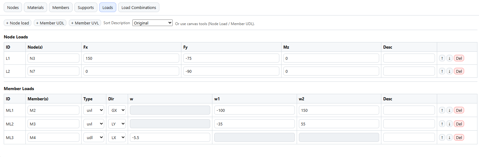 Loads tab showing node loads and member loads tables in NextForm 2D Frame.